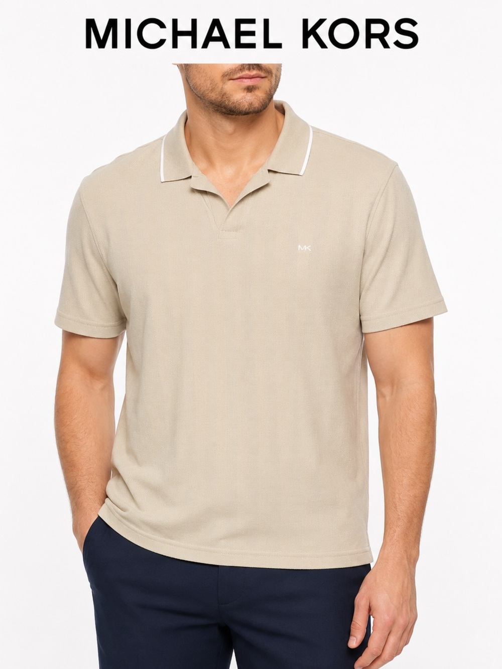 Michael Kors Men’s Beige Knit Johnny Collar Polo Shirt Size Medium